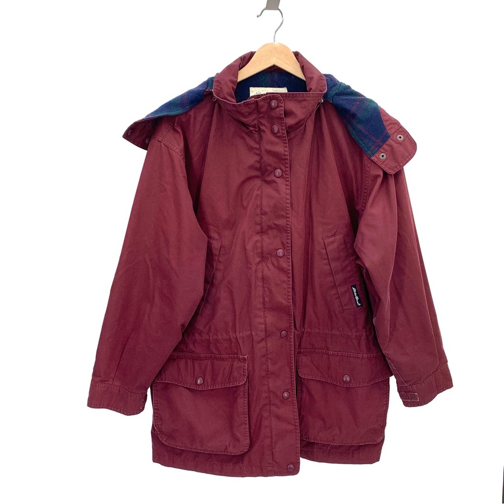 Eddie Bauer Red Hooded Chore Jacket W/ Wool Blend Flannel Lining Size Large
